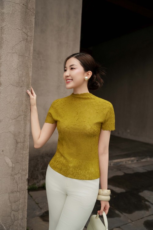 Sixdo Dark Yellow Textured Woven Blouse